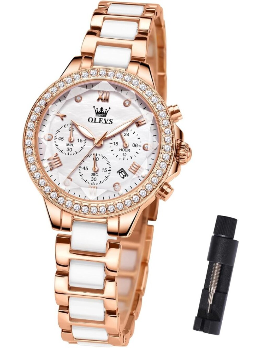 Elegant Women's Ceramic & Stainless Steel Watch with Mother of Pearl Dial